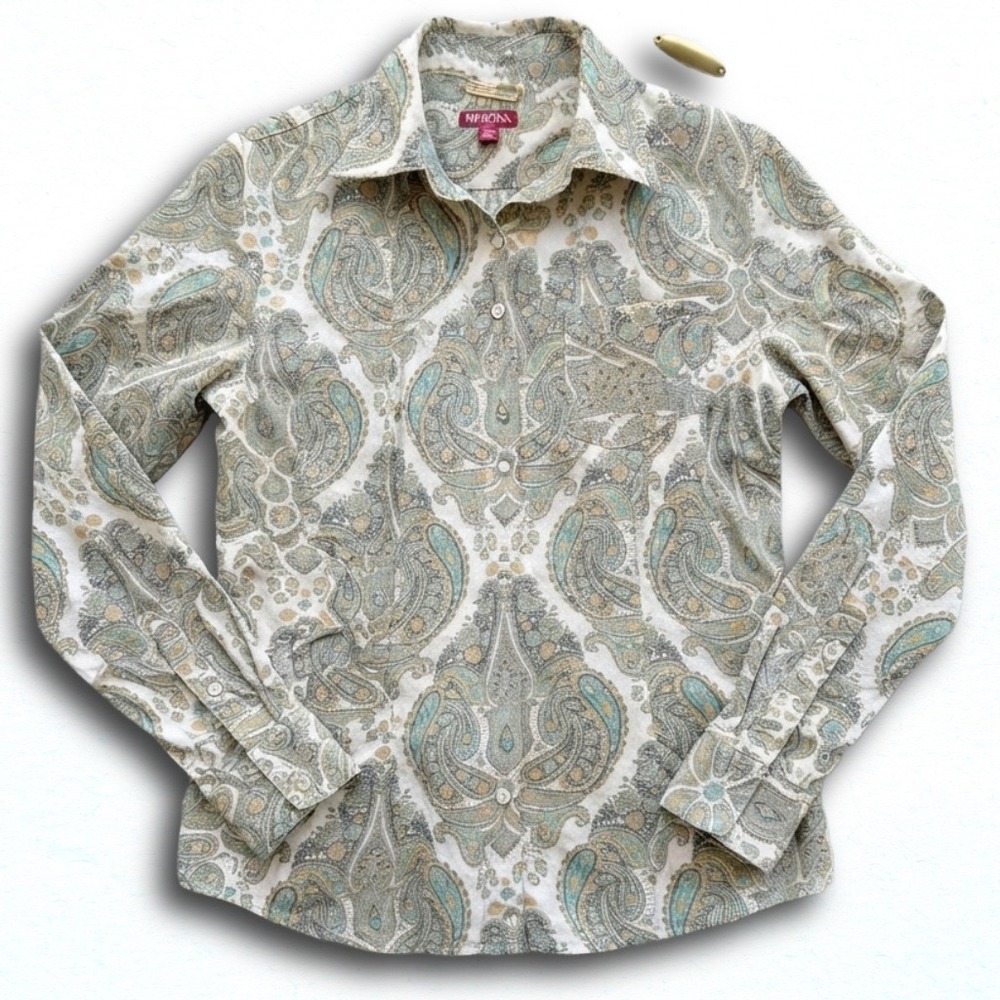 Merona Womens Long Sleeve Paisley Button Down Shirt Teal Gold Small